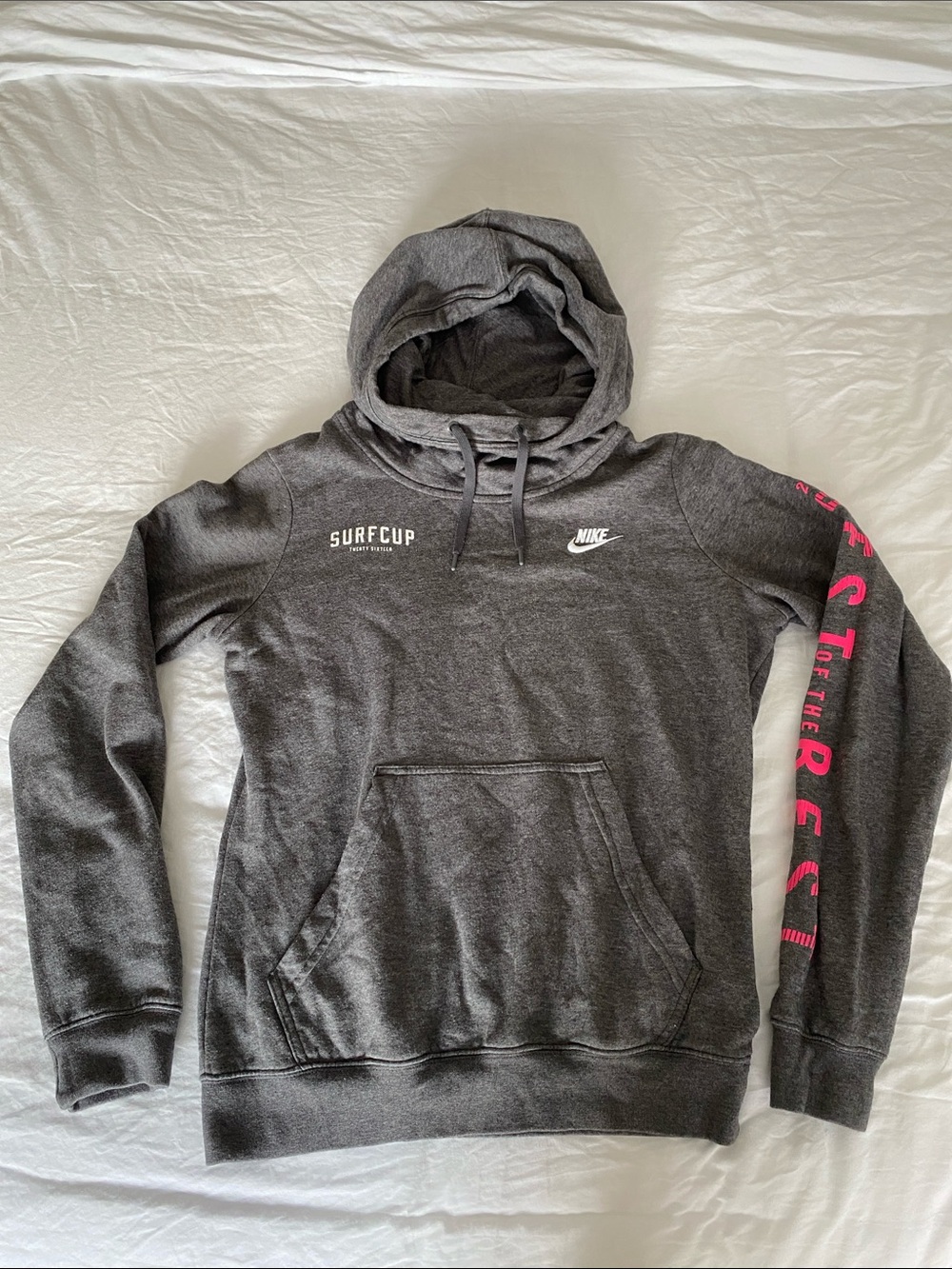 Nike Women’s Gray Hoodie with Pink Sleeve Text